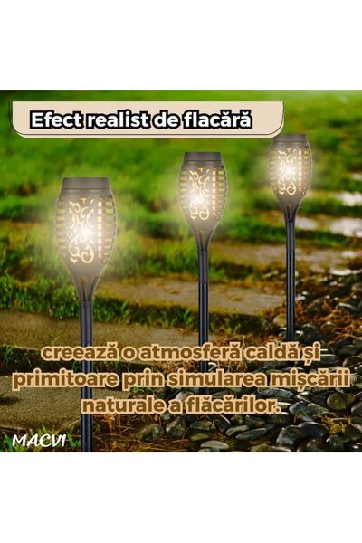 MACVI Torta Solara LED Macvi® 96 LED-uri, Efect Flacara, Senzor de Lumina, Alimentare Solara, Negru