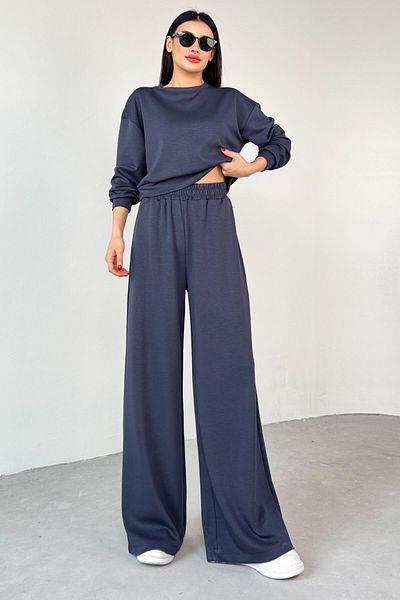 Cappmoda Tkm-1103 Navy Blue Modal Fabric Crop Loose Blouse Elastic Waist Palazzo Bottom Double Set