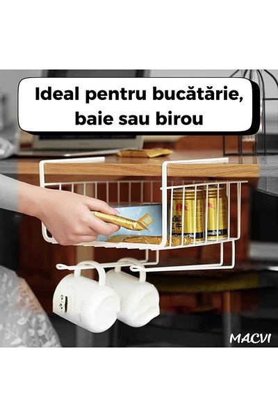 MACVI Organizator metalic Macvi® alb suspendat, prindere sub raft, fara gaurire, ideal bucatarie sau baie