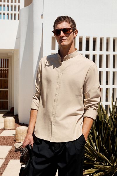 GRIMELANGE Jezer Men's Judge Collar Long Sleeve 100% Cotton Regular Fit Beige Shirt