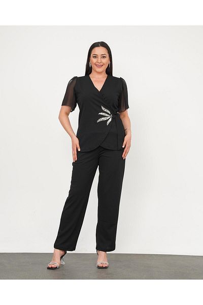 Butik Nilyam Women's Plus Size Double Breasted Collar Pearl Leaf Detail Chiffon Sleeve Evening Dress Suit 24726