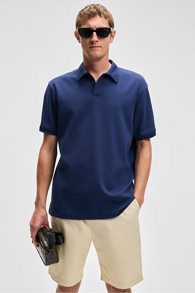 GRIMELANGE Tricou Laporte pentru bărbați, din țesătură texturată, slim fit, albastru bleumarin, cu guler polo