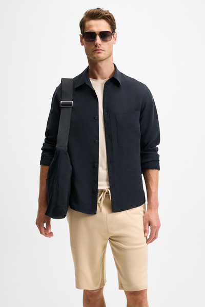 GRIMELANGE Juuso Men's Flowy Fabric Shirt Lapel Button down Cuff Pocket Detail Long Sleeve Black Shirt