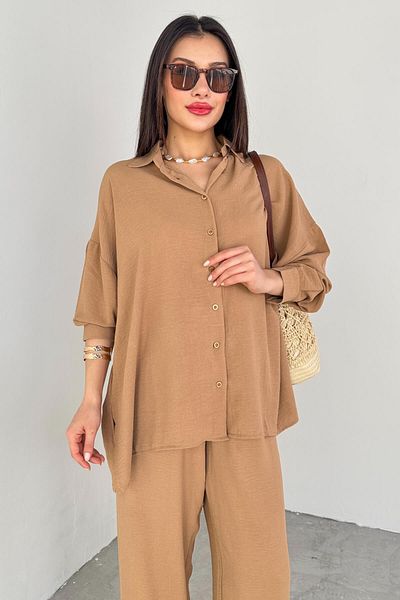 Cappmoda TKM-13263 Πουκάμισο Mink Loose Παντελόνι Σετ δύο τεμαχίων