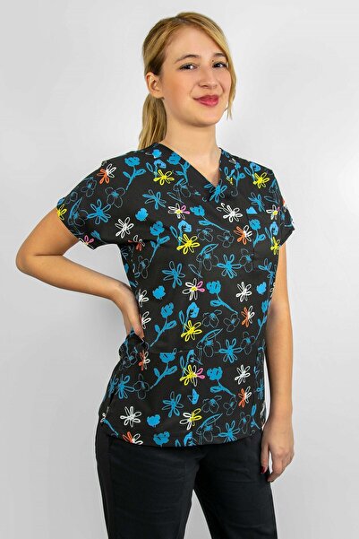 Nur Ortopedi الأزرق الداكن الأزهار طبيب ممرضة مستشفى أعلى جيرسي رمادي