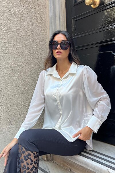FOR YOU MODA Kolu Şifon Detaylı Beyaz Saten Gömlek