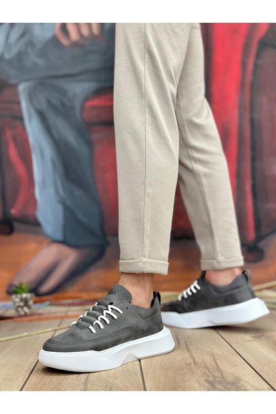 Byshoes Ba0332 Ladder Pattern Lace-Up Men's High Sole Anthracite Skin Sports Shoes