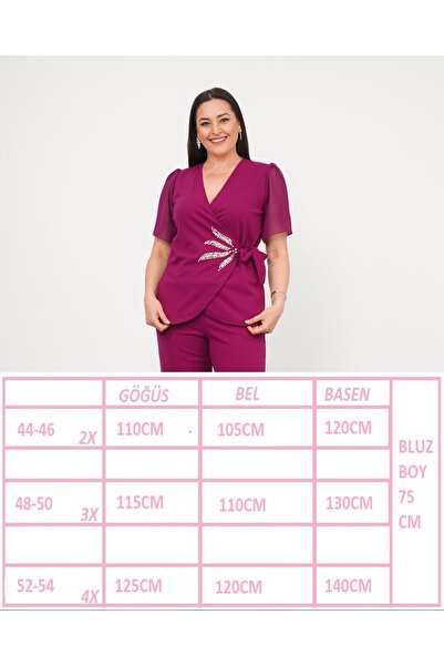 Butik Nilyam Women's Plus Size Double Breasted Collar Pearl Leaf Detail Chiffon Sleeve Evening Dress Suit 24726