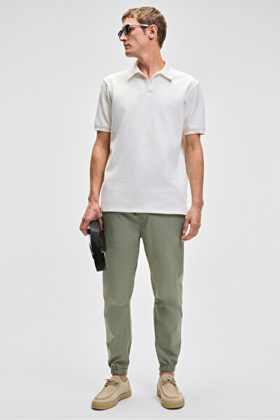 GRIMELANGE Jakob Men's Woven Washed 4-Pocket Thick Textured Light Khaki Trousers with Elastic Legs