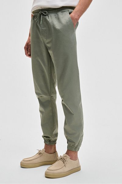GRIMELANGE Jakob Men's Woven Washed 4-Pocket Thick Textured Light Khaki Trousers with Elastic Legs