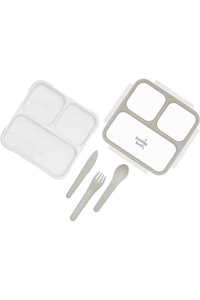 Bamboo Bark Bento Lunch Box for Kids & Adults - Snack Box with 3 Compartments & Slim Design - Dishwa