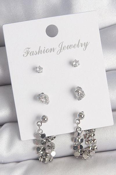 Clariss Brass Silver Color Zircon Stone Sequin Dangle Model 3 Pairs Women's Earring Set