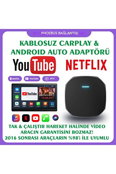 EverBox Carplay & Android Auto Youtube Netflix Video TOD Oynatma Kutusu 2GB+16GB Adaptör Ai Box