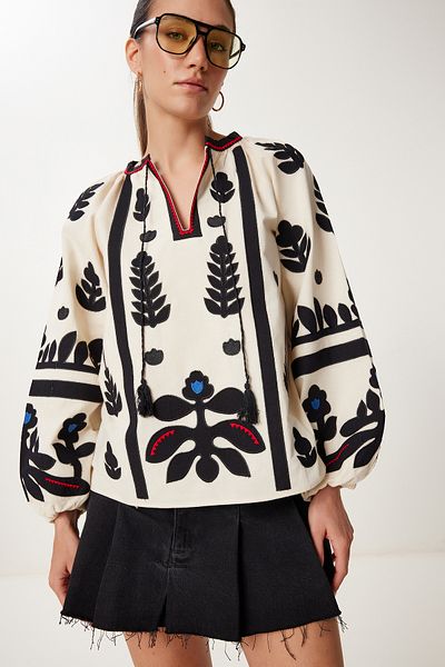 Lovelyİstanbul Κέντημα Κεντημένη Υφαντή Μπλούζα Oversize CREAM LES0022