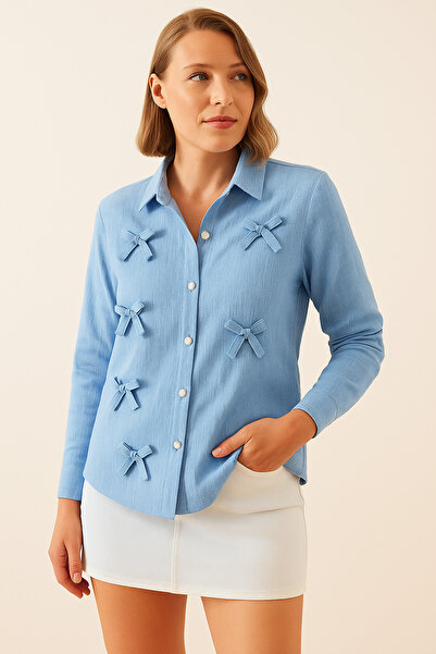 İpli Kadın Gömlek Fiyonk Detaylı Taş Düğmeli