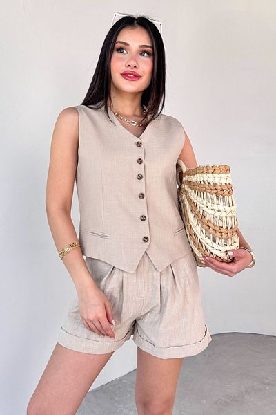 Cappmoda Tkm-13272 Stone Color Lined Vest Shorts Set of Two