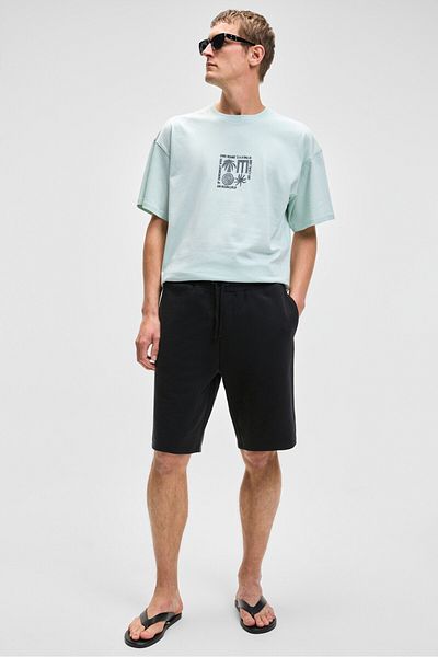 GRIMELANGE Hujsen Men's Relaxed Fit Black Shorts with Elastic Waistband Pockets