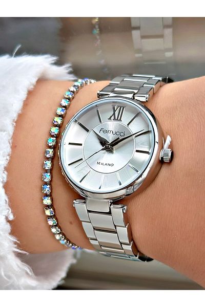 Ferrucci Silver Color Cutout Glass Guaranteed Steel Cord Women Wristwatch + Bracelet