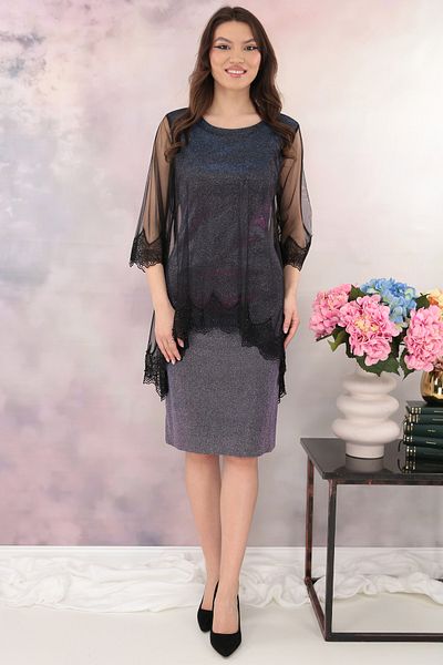 cupper Purple lurex occasion dress with tulle cape and black embroidery