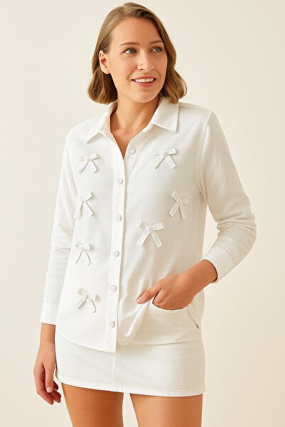 İpli Kadın Gömlek Fiyonk Detaylı Taş Düğmeli