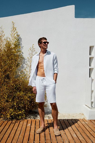 GRIMELANGE Jens Men's 100% Cotton Muslin Fabric Slim Fit Slim Fit White Shorts with Side Pockets