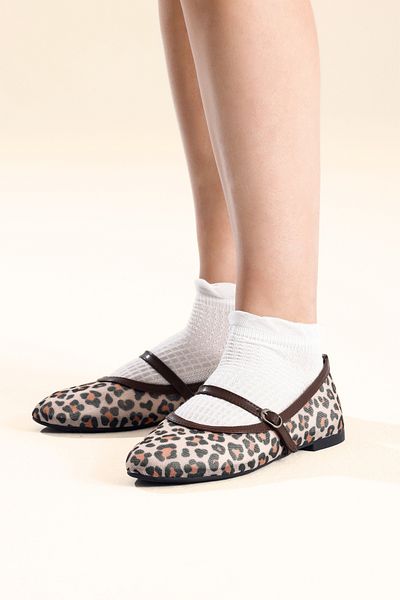 LOVENTA Pantofi de balerină cu imprimeu leopard tricotat și cu plasă Lia