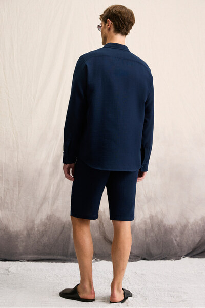 GRIMELANGE Jens Erkek %100 Pamuk Müslin Kumaş Yanları Cepli Slim Fit Dar Kesim Lacivert Şort