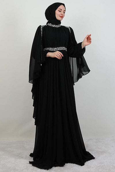 GİYZAMİLA Tutku Chiffon Evening Dress Black