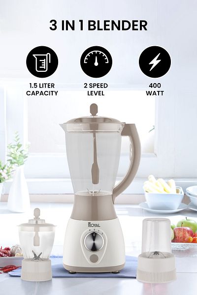 Royal 3 In 1 Countertop Electric Blender 1.5 Liter, 2 Speed Level With Pulse Function 1.5 L, Ra-bg158