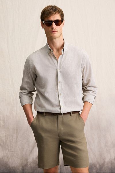 GRIMELANGE Lasse Men's Shirt Collar Cuffed Long Sleeve Regular Fit Linen Blended Khaki Shirt