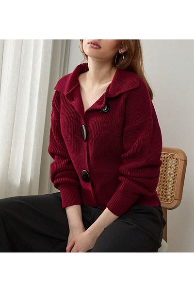 tofan Burgundy Button Detailed Cardigan