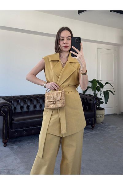 QİMYA BUTİK سترة نسائية بحزام متوسط الطول من MAGARDE مع بنطلون فضفاض وبدلة كتان مزدوجة