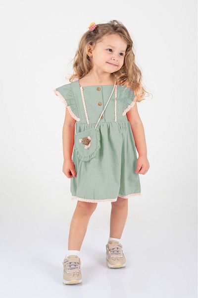 Nehirim Kids Girl's Bag and Lace Short Sleeve Summer Two-Way Salopet Green Dress (2-3-4-5 Years)
