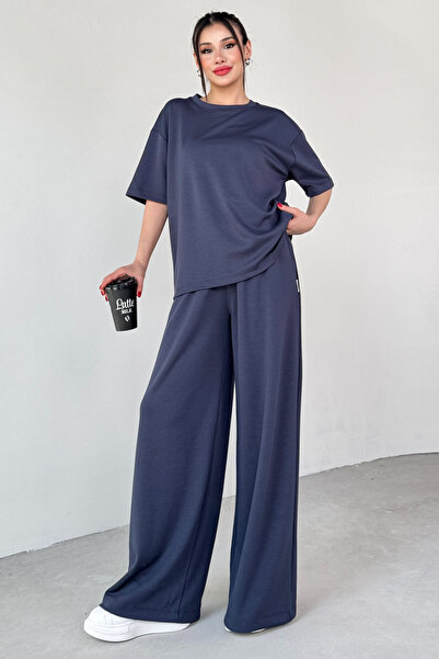 Cappmoda TKM-1113 Lacivert Modal Kumaş Yarım Kol Basic Bluz Palazzo Bel Lasti...