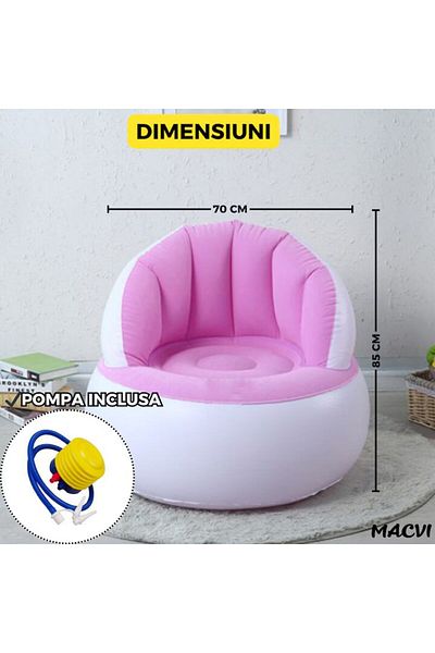 MACVI Scaun gonflabil cu pompa inclusa, design modern, dimensiuni 85x70 cm, interior/exterior, roz