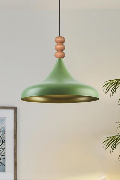 Modavize Nil Modern Design Wooden Detailed Metal Cafe - Kitchen Green Color Single Chandelier (35 cm)
