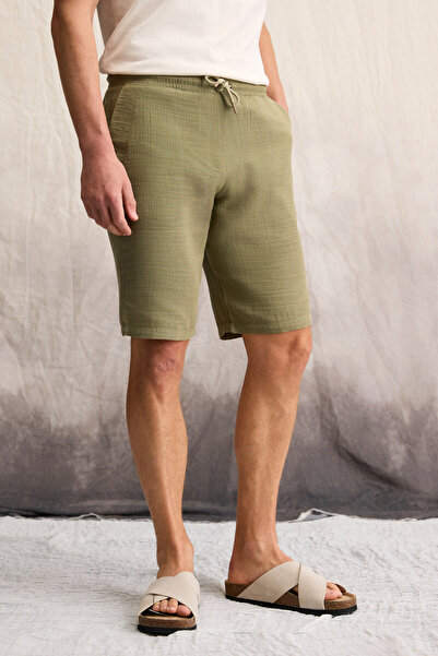 GRIMELANGE Jens Erkek %100 Pamuk Müslin Kumaş Yanları Cepli Slim Fit Dar Kesim Haki Şort