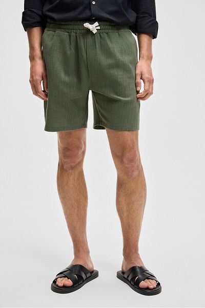 GRIMELANGE Leyton Men's Relaxed Fit Double Pocket Elastic Waist Linen Blended Woven Khaki Shorts & Bermuda