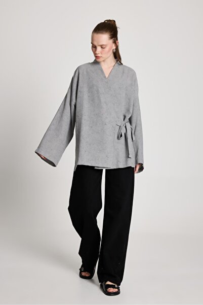 minaaise Bellamy Laced Linen Kimono Gray