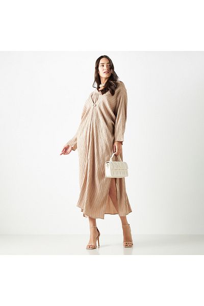 FAV Textured V-neck Dress with Long Sleeves and Pockets