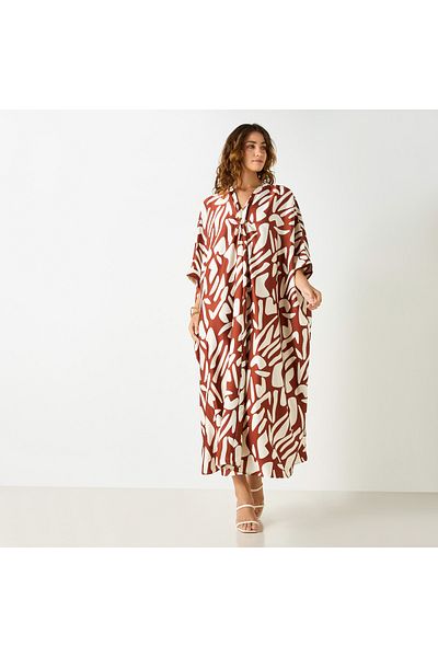 FAV Print Kaftan Dress with V-neck and Three Quarter Sleeves