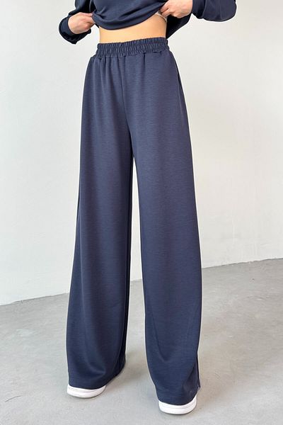 Cappmoda TKM-1103 Navy Blue Modal Fabric Crop Loose Μπλούζα Ελαστική μέση Palazzo Σετ δύο κάτω