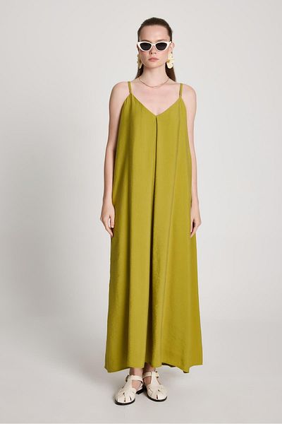 minaaise Women's Oil Green 100% Modal Strappy Loose Cut Long Dress 29201