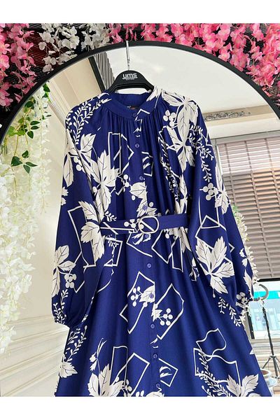 PİNK FLY Flower and Figure Pattern Red Viscose Dress