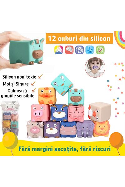 Pitikot Set cuburi moi interactive in forma de animalute pentru bebelusi Pitikot®, jucarie educationala