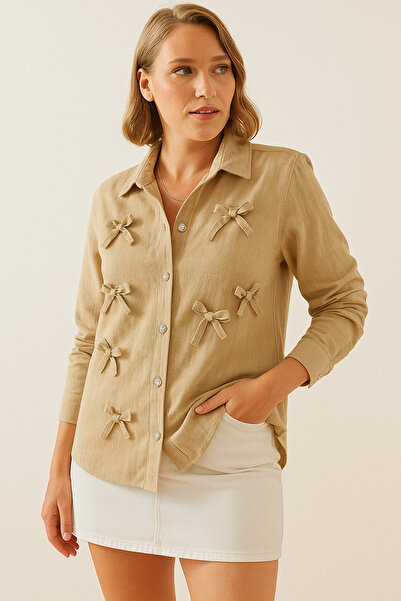 İpli Kadın Gömlek Fiyonk Detaylı Taş Düğmeli