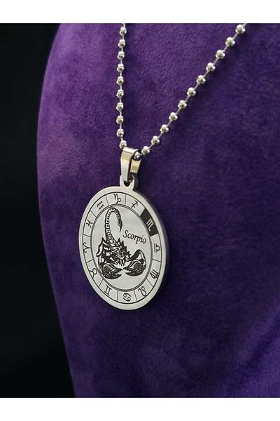 sarıyer silver Scorpio Zodiac Design 12 Zodiac Embroidered Circle Model Astrology and Horoscopes Themed Steel Necklace