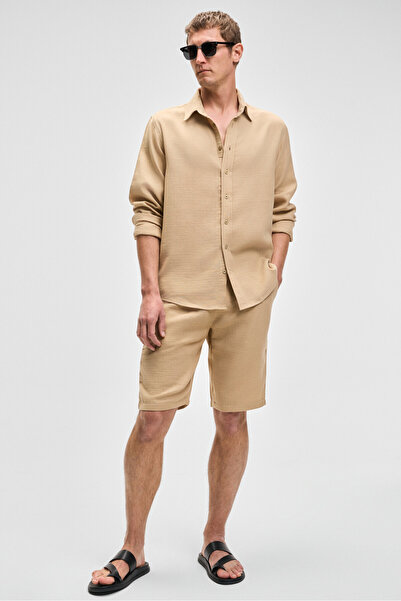 GRIMELANGE Raimo Men's 100% Cotton Muslin Fabric Cuffed Long Sleeve Comfort Fit Beige Shirt