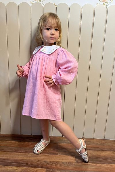Minipodyum Baby Girl Embroidered Peter Pan Collar Muslin 100% Cotton Bag Dress