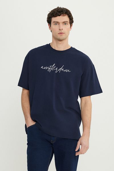 AC&Co / Altınyıldız Classics Ανδρικό μπλουζάκι με λαιμόκοψη με λαιμόκοψη, 100% βαμβακερό, μπλε-λευκό oversize